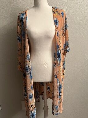 Frumos Peach Floral Kimono with Blue & Orange Blooms